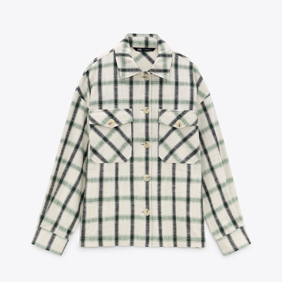 Zara || Plaid Overshirt Shacket Oversized Cream Green XS - Picture 1 of 9